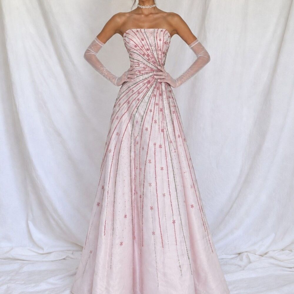 Vintage Y2K Pastel Pink Beaded Strapless A-Line Flared Maxi Prom Dress Size S/M